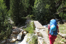 Creuem el barranc de Llubriqueto gràcies a un petit pont de fusta.