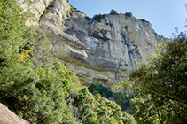 El salt del Ripol, sense aigua, vist des de sota la cinglera.