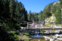 Creuem un pont de fusta i girem a la dreta barranc amunt.