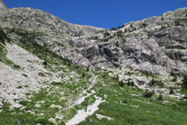 A davant nostre, les parets de roca i la cascada del Fraile.