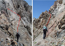 Escapatòria del Pas del Cavall per la vessant S. Caldrà extremar l´atenció ja que la roca està una mica descomposta.