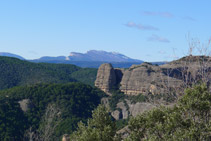 En primer terme, la Roca del Corb i a la llunyania el Montsec, inconfusible!