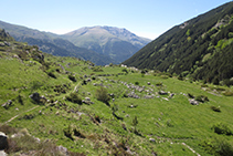 Mirada enrere, al fons distingim l´ampla collada del Triador, divisòria d´aigües entre la Vall Fosca i la Vall d´Àssua.